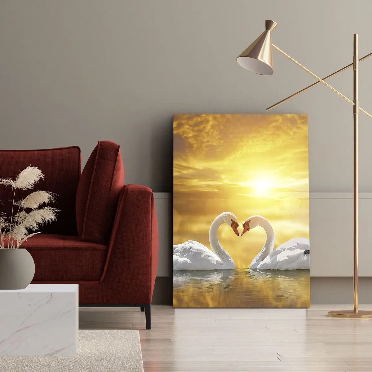 Bild auf Leinwand - Leinwandbild - Eine romantische Szene mit zwei Schwänen, die vor dem Hintergrund eines goldenen Sonnenuntergangs ein Herz bilden. - 80x120cm - Das Herz ist das schönste Wort der Welt... - Moderne Wanddekoration für Wohnzimmer und Schla