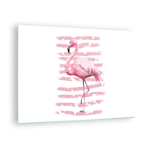 Glasbild - Bild auf glas - Ein rosa Flamingo vor einem Hintergrund aus künstlerischen rosa Streifen. - 70x50cm - In Würde, aber in Pink - Moderne Wanddekoration für Wohnzimmer und Schlafzimmer ARTTOR