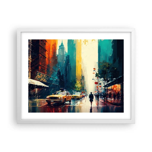 Poster in einem weißen Rahmen - New York – selbst der Regen ist hier bunt - 50x40 cm