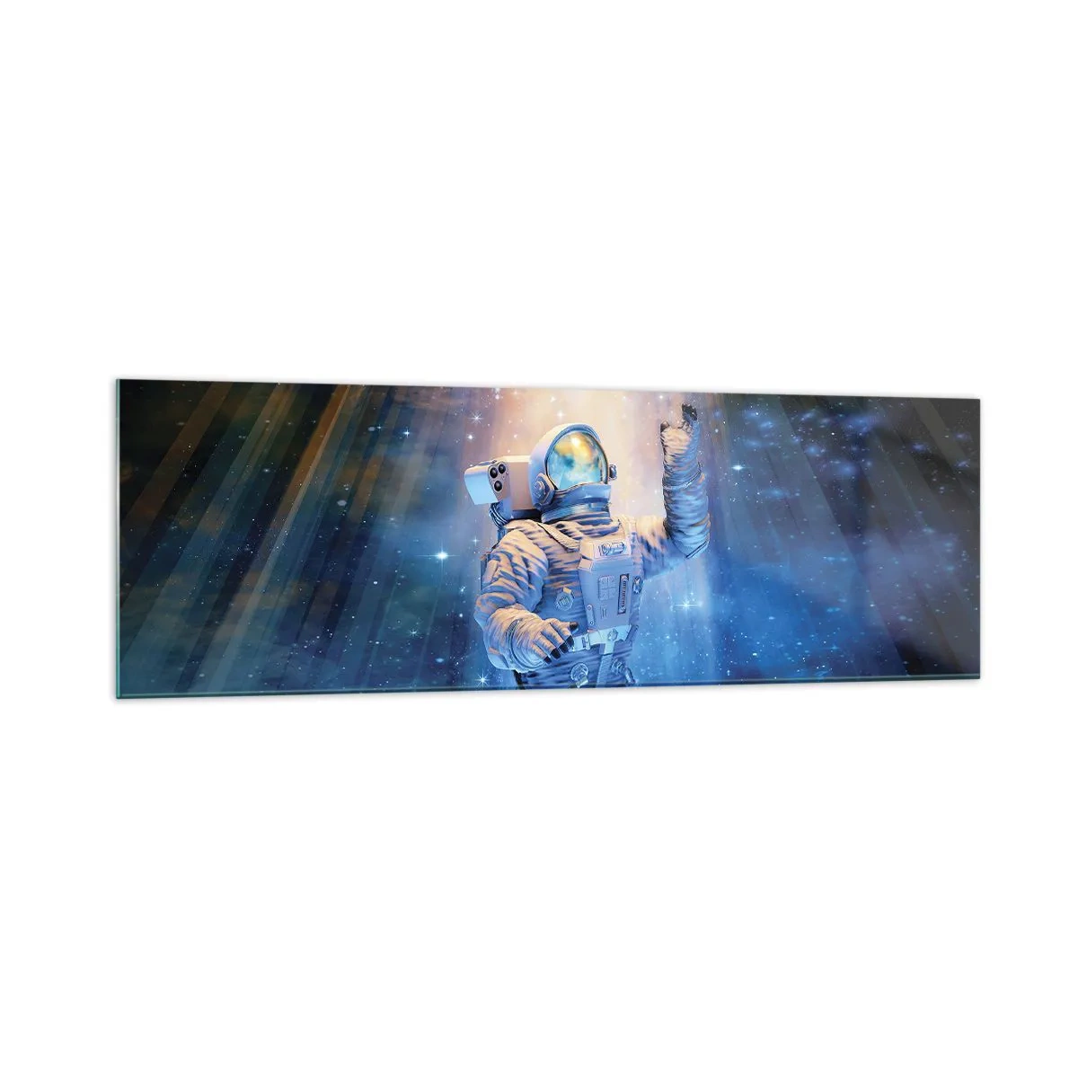 Glasbild - Bild auf glas - Astronaut im Licht einer kosmischen Explosion voller Sterne - 160x50cm - Endlich am Ende - Moderne Wanddekoration für Wohnzimmer und Schlafzimmer ARTTOR
