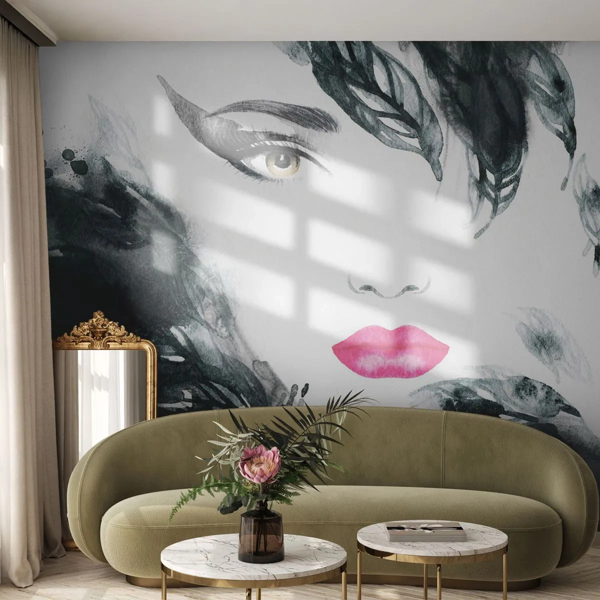 Fototapete Standard Eco - Beachtung! Femme fatale - Abstraktion, Das Gesicht einer Frau, Porträt einer Frau - 350x256 cm