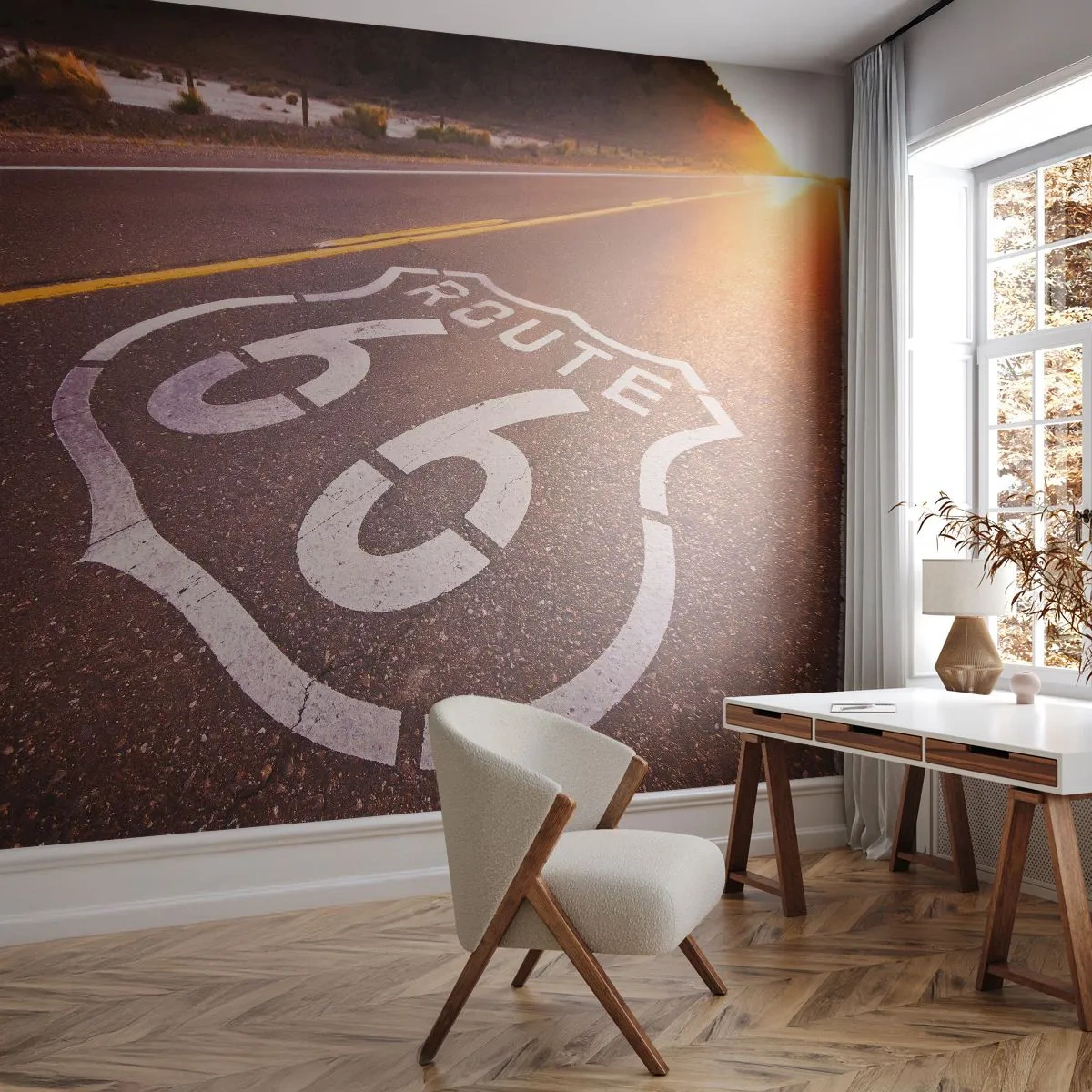 Fototapete Premium Sand - Route 66 bei Sonnenuntergang - 100x70cm - Die berühmte Straße 66 - Moderne Wanddekoration für Wohnzimmer und Schlafzimmer ARTTOR