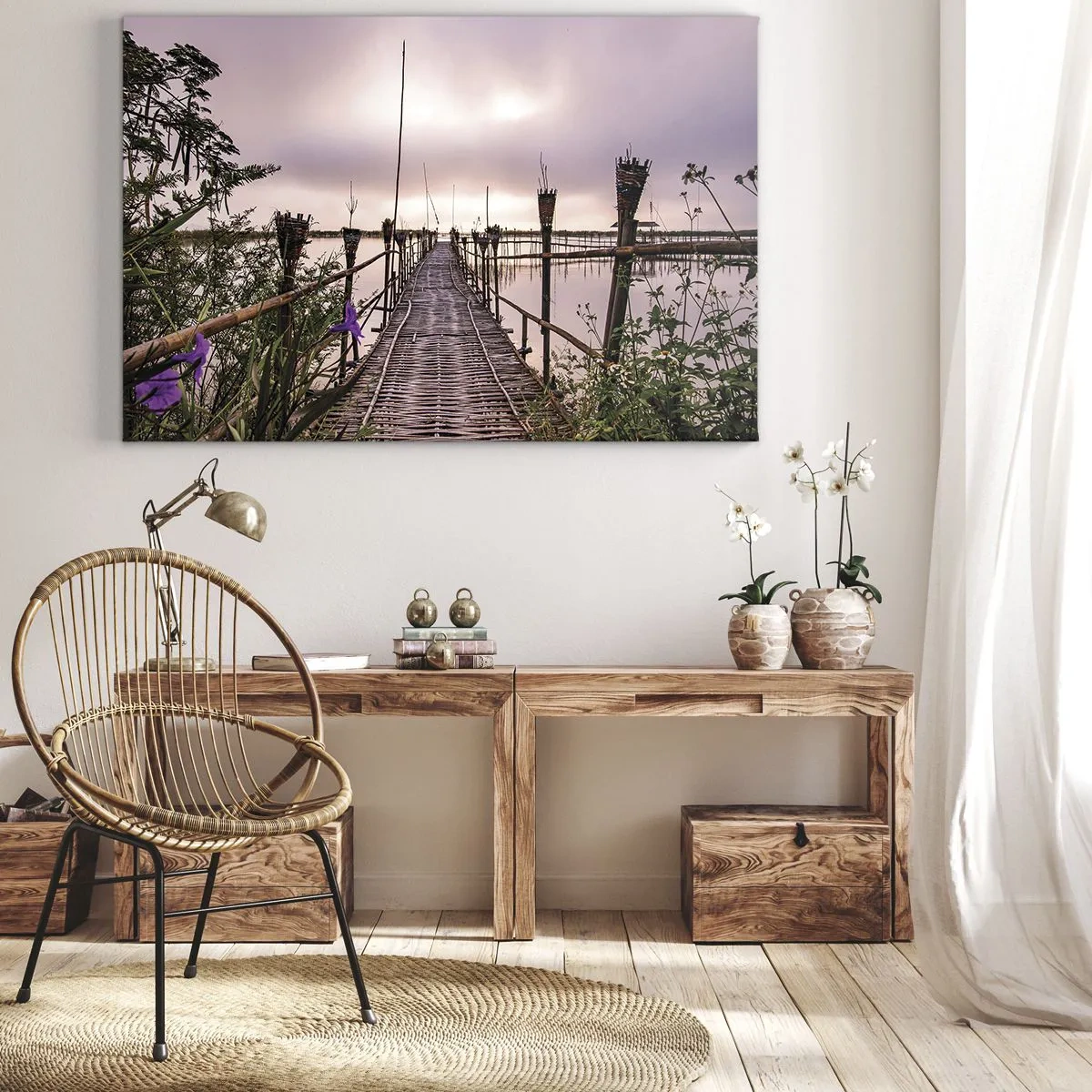 Bild auf Leinwand - Leinwandbild - Bambusbrücke über das Wasser im Morgengrauen - 120x80cm - Frieden und Ruhe Asiens - Moderne Wanddekoration für Wohnzimmer und Schlafzimmer ARTTOR