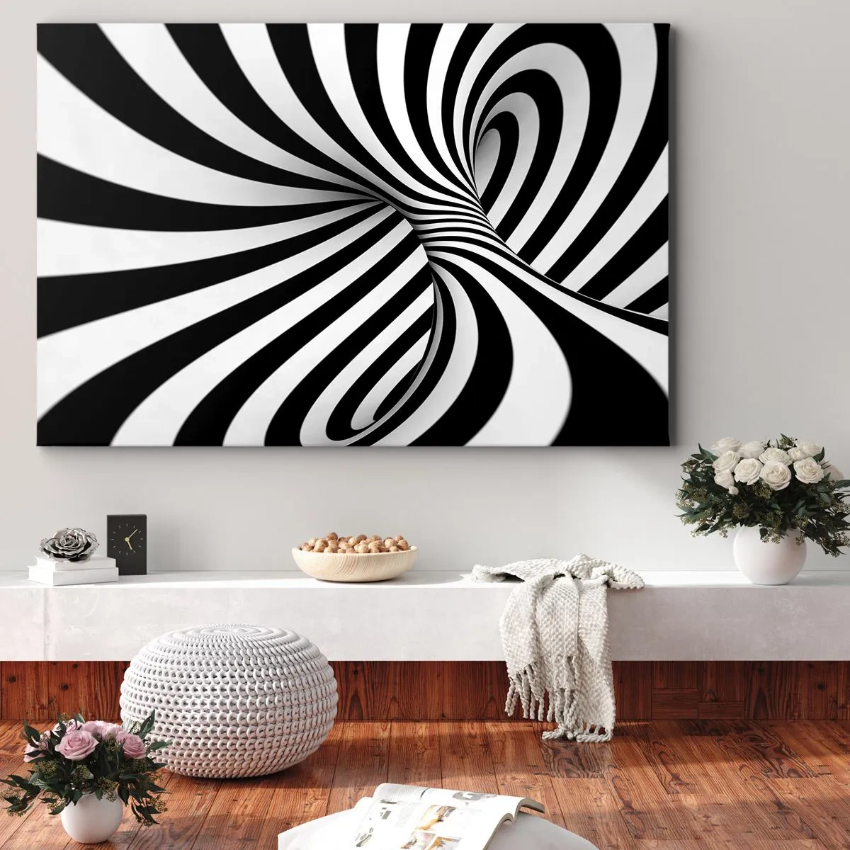 Bild auf Leinwand - Leinwandbild - Abstrakter Tunnel mit schwarz-weißen Spiralstreifen - 120x80cm - Komposition: Tanzraum - Moderne Wanddekoration für Wohnzimmer und Schlafzimmer ARTTOR