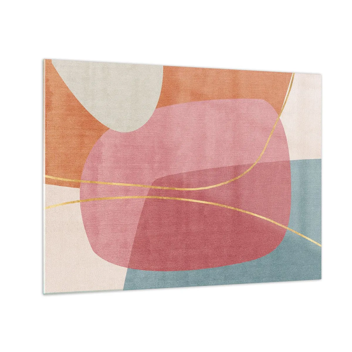 Glasbild - Bild auf glas - Pastellfarbene Formen mit sich kreuzenden goldenen Linien - 70x50cm - Pastellkomposition mit Goldfaden - Moderne Wanddekoration für Wohnzimmer und Schlafzimmer ARTTOR