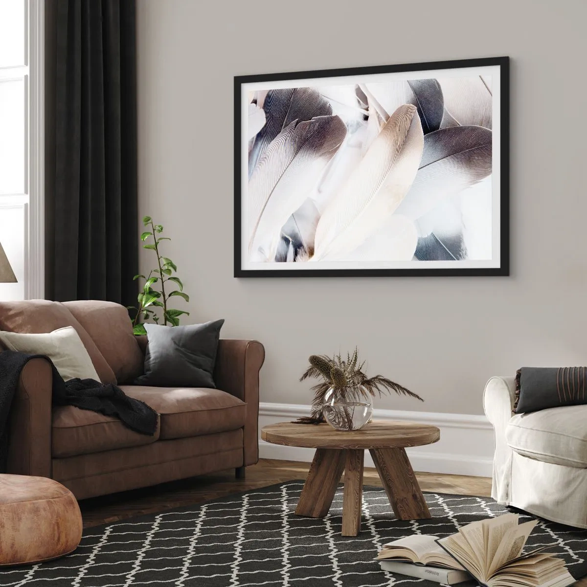 Poster in einem schwarzem Rahmen - Nahaufnahme zarter Federn in Weiß- und Grautönen - 70x50cm - Fast engelhaft - Moderne Wanddekoration für Wohnzimmer und Schlafzimmer ARTTOR