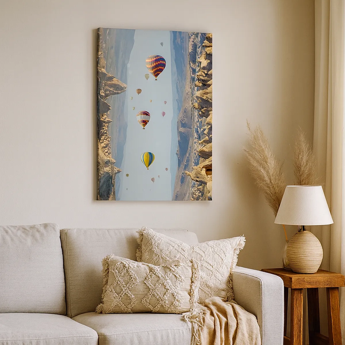 Bild auf Leinwand - Leinwandbild - Bunte Ballons über einer felsigen Landschaft - 50x70cm - Hier ist alles möglich - Moderne Wanddekoration für Wohnzimmer und Schlafzimmer ARTTOR