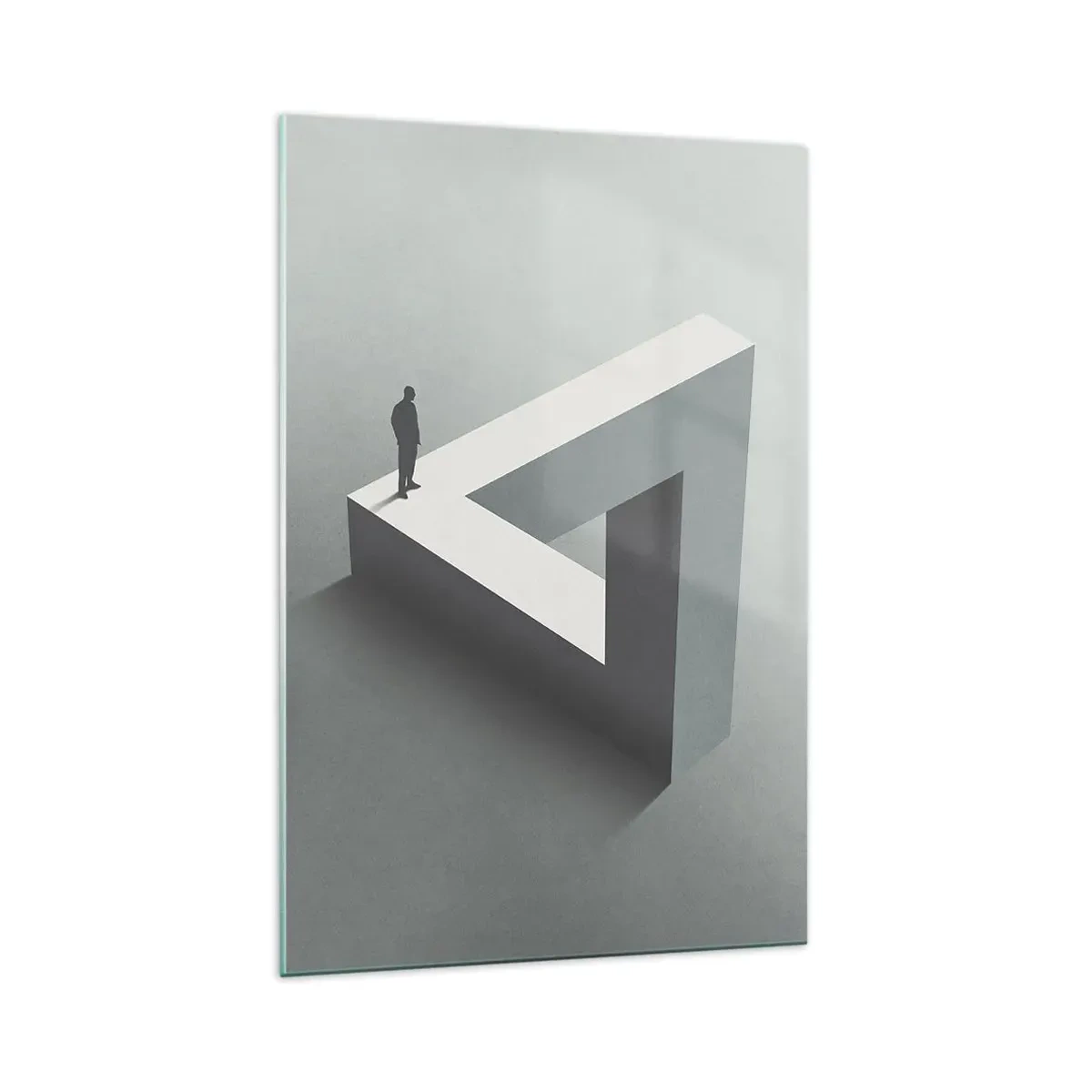 Glasbild - Bild auf glas - Eine Figur, die auf einem Penrose-Dreieck in Grautönen steht. - 70x100cm - Es ist also doch möglich - Moderne Wanddekoration für Wohnzimmer und Schlafzimmer ARTTOR