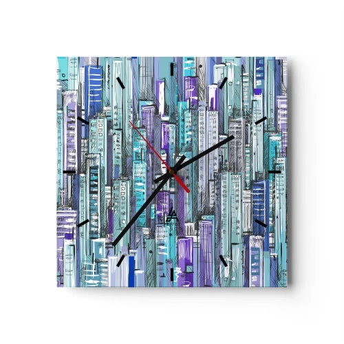 Wanduhr - Glasuhr - Illustration einer Stadt mit geometrischen Gebäuden in Blau- und Lilatönen. - 30x30cm - Bläulich von dem Himmel - Moderne Wanddekoration für Wohnzimmer und Schlafzimmer ARTTOR