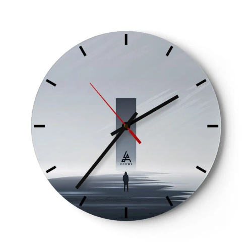 Wanduhr - Glasuhr - Eine minimalistische Landschaft mit einer Figur und geometrischen Form - 30x30cm - Chance oder Bedrohung? - Moderne Wanddekoration für Wohnzimmer, Küche und Schlafzimmer ARTTOR