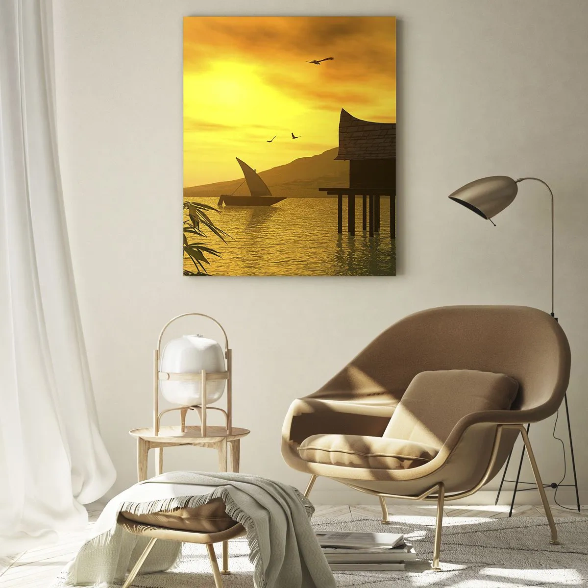 Glasbild - Bild auf glas - Tropischer Sonnenuntergang über dem Wasser mit Holzhaus auf Stelzen. - 70x100cm - Der ersehnte Frieden - Moderne Wanddekoration für Wohnzimmer und Schlafzimmer ARTTOR