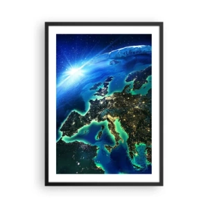 Poster in einem schwarzem Rahmen - Ein Blick auf Europa aus dem Weltraum, beleuchtet von Nachtlichtern. - 50x70cm - Funkelndes Europa - Moderne Wanddekoration für Wohnzimmer und Schlafzimmer ARTTOR