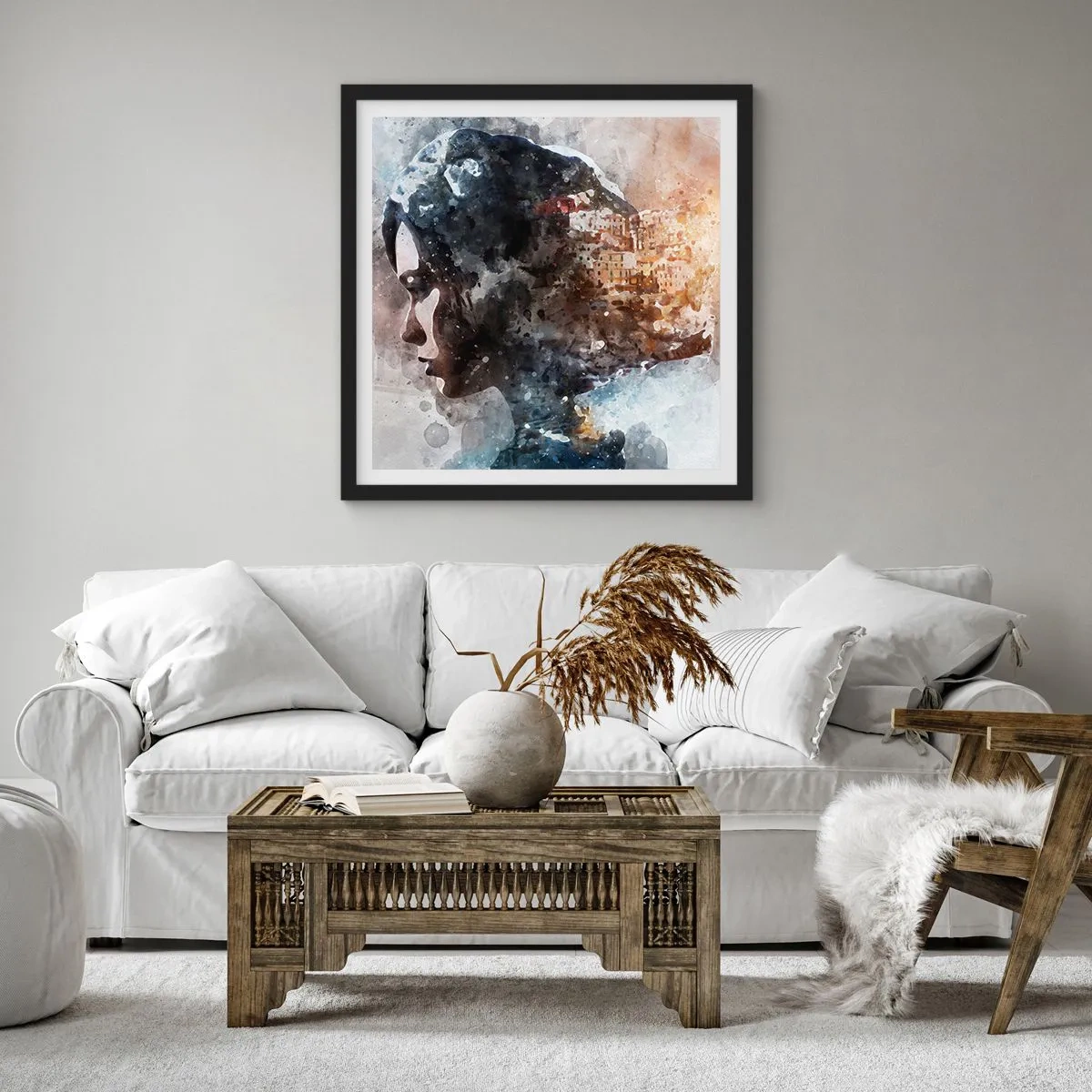 Poster in einem schwarzem Rahmen - Eine Geschichte über ein Mädchen mit einer Stadt im Hintergrund - 60x60 cm