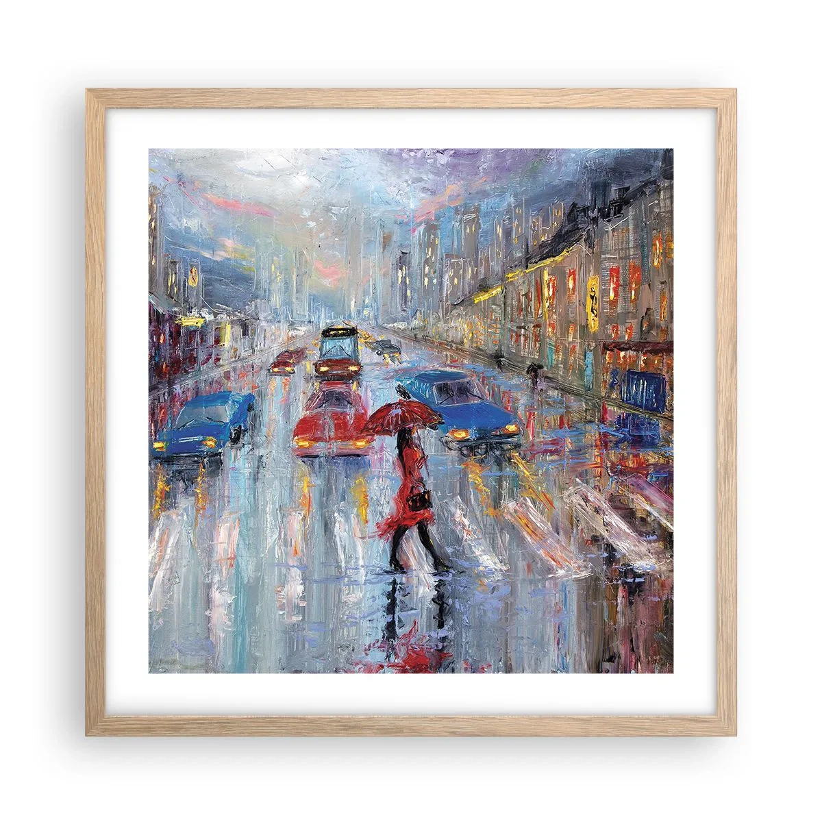 Poster in einem Rahmen aus heller Eiche - Regnerischer Nachmittag in der Stadt - 50x50 cm