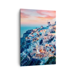 Bild auf Leinwand - Leinwandbild - Santorini bei Sonnenuntergang mit weißen Gebäuden auf dem Hügel - 70x100cm - Dein toller griechischer Urlaub - Moderne Wanddekoration für Wohnzimmer und Schlafzimmer ARTTOR
