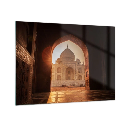 Glasbild - Bild auf glas - Sonnenuntergang über einem monumentalen Gebäude durch einen Bogen gesehen - 70x50cm - Denkmal der überirdischen Liebe - Moderne Wanddekoration für Wohnzimmer und Schlafzimmer ARTTOR