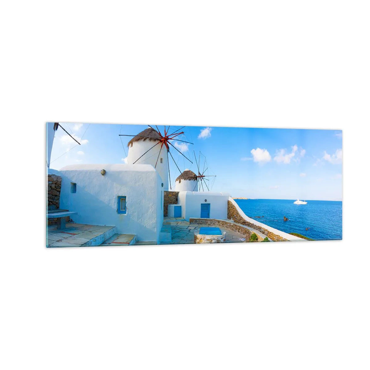 Glasbild - Bild auf glas - Weiße Windmühlen an den Ufern des blauen Meeres - 140x50cm - Der blaue Wind vom Meer - Moderne Wanddekoration für Wohnzimmer und Schlafzimmer ARTTOR