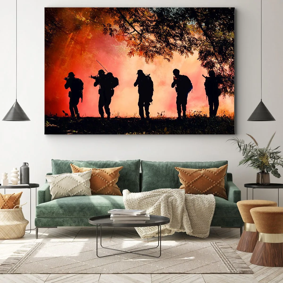 Bild auf Leinwand - Leinwandbild - Silhouetten von Soldaten im Wald vor dem orangefarbenen Himmel - 100x70cm - … Alle für einen. - Moderne Wanddekoration für Wohnzimmer und Schlafzimmer ARTTOR