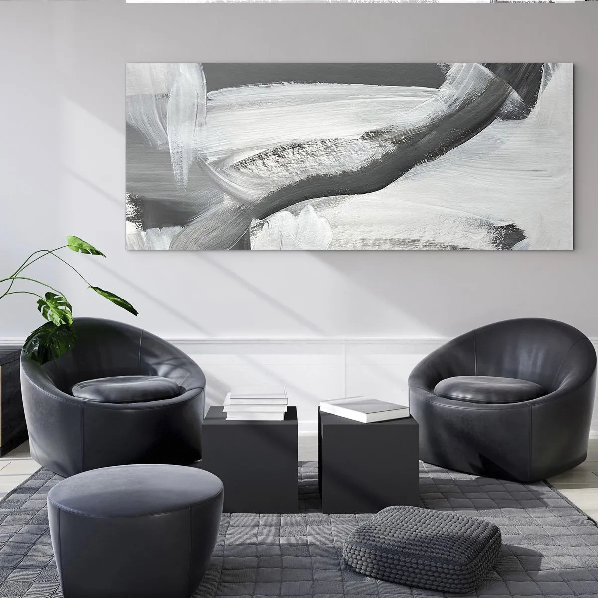 Glasbild - Bild auf glas - Grau-weiße Abstraktion mit dynamischen Linien - 120x50cm - Entscheidender Schritt - Moderne Wanddekoration für Wohnzimmer und Schlafzimmer ARTTOR