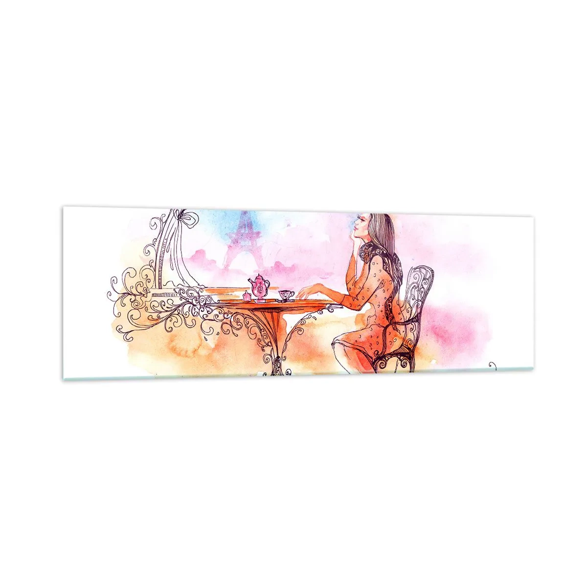 Glasbild - Bild auf glas - Romantisches Aquarell einer Frau in einem Café mit Blick auf einen Turm - 160x50cm - Pariser Chic - Moderne Wanddekoration für Wohnzimmer und Schlafzimmer ARTTOR