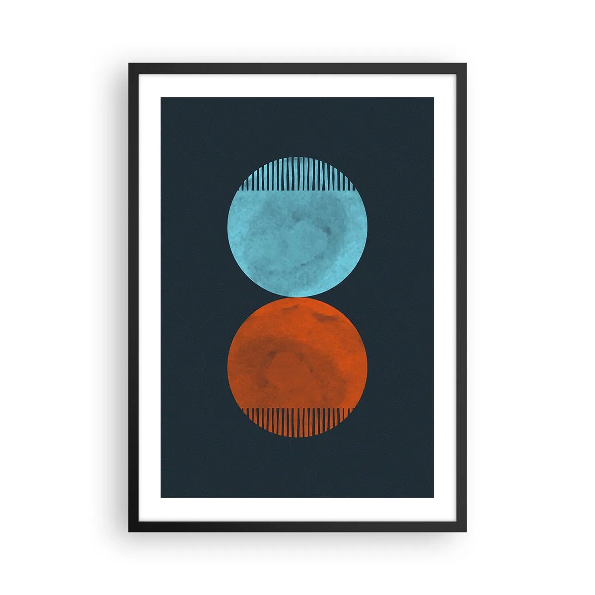Poster in einem schwarzem Rahmen - Zwei Kreise – blau und orange auf marineblauem Hintergrund - 50x70cm - Nur Geometrie? - Moderne Wanddekoration für Wohnzimmer und Schlafzimmer ARTTOR