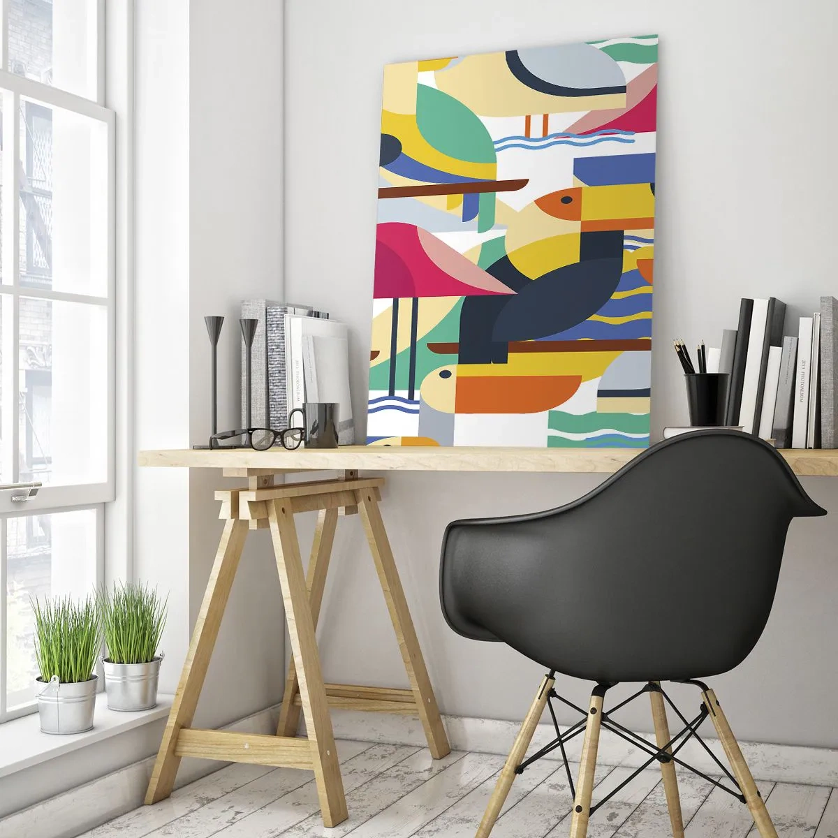 Glasbild - Bild auf glas - Bunte Vögel in einer abstrakten, geometrischen Komposition - 80x120cm - Vogelparty - Moderne Wanddekoration für Wohnzimmer und Schlafzimmer ARTTOR