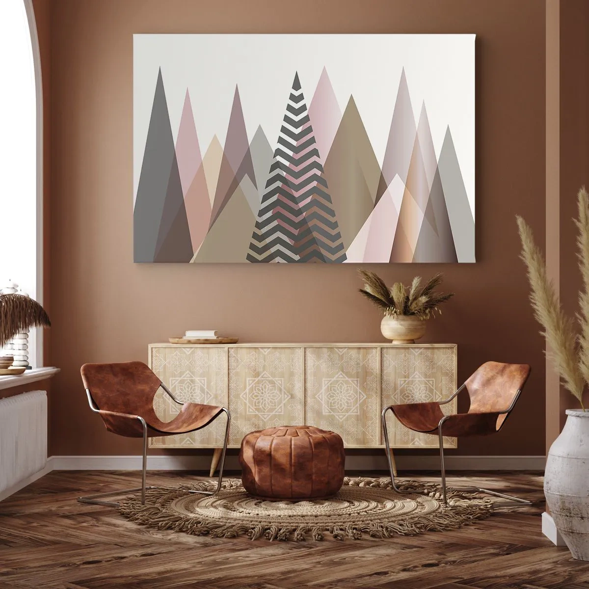 Bild auf Leinwand - Leinwandbild - Bunte geometrische Berge in Pastelltönen - 70x50cm - Pyramidale Aussicht - Moderne Wanddekoration für Wohnzimmer und Schlafzimmer ARTTOR