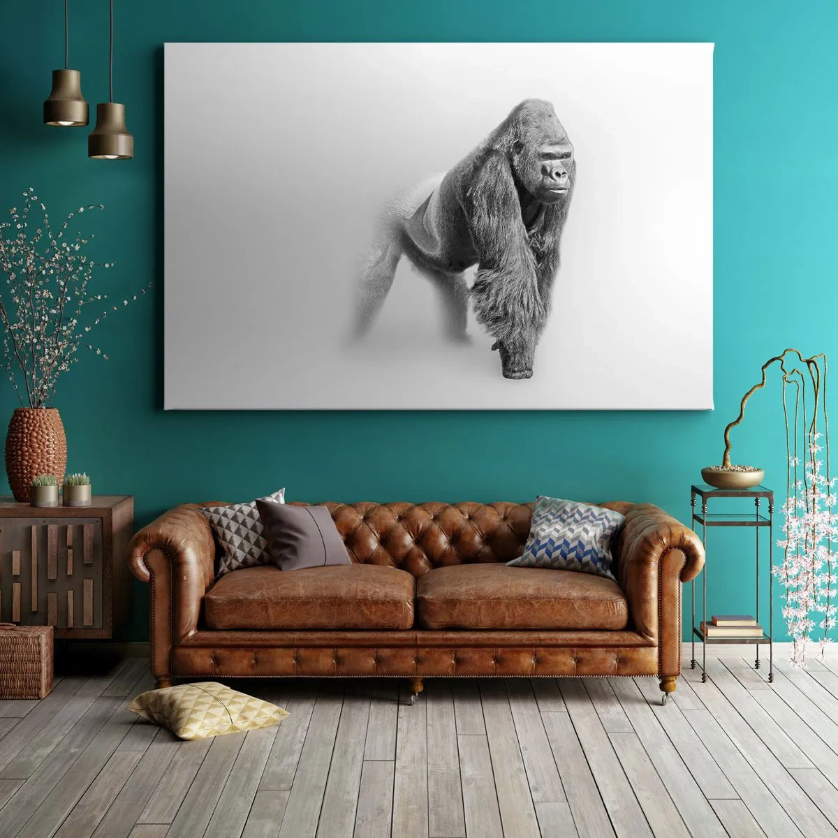 Bild auf Leinwand - Leinwandbild - Gorilla in monochromen Tönen auf weißem Hintergrund - 120x80cm - Zuversichtlich in seiner Stärke - Moderne Wanddekoration für Wohnzimmer und Schlafzimmer ARTTOR