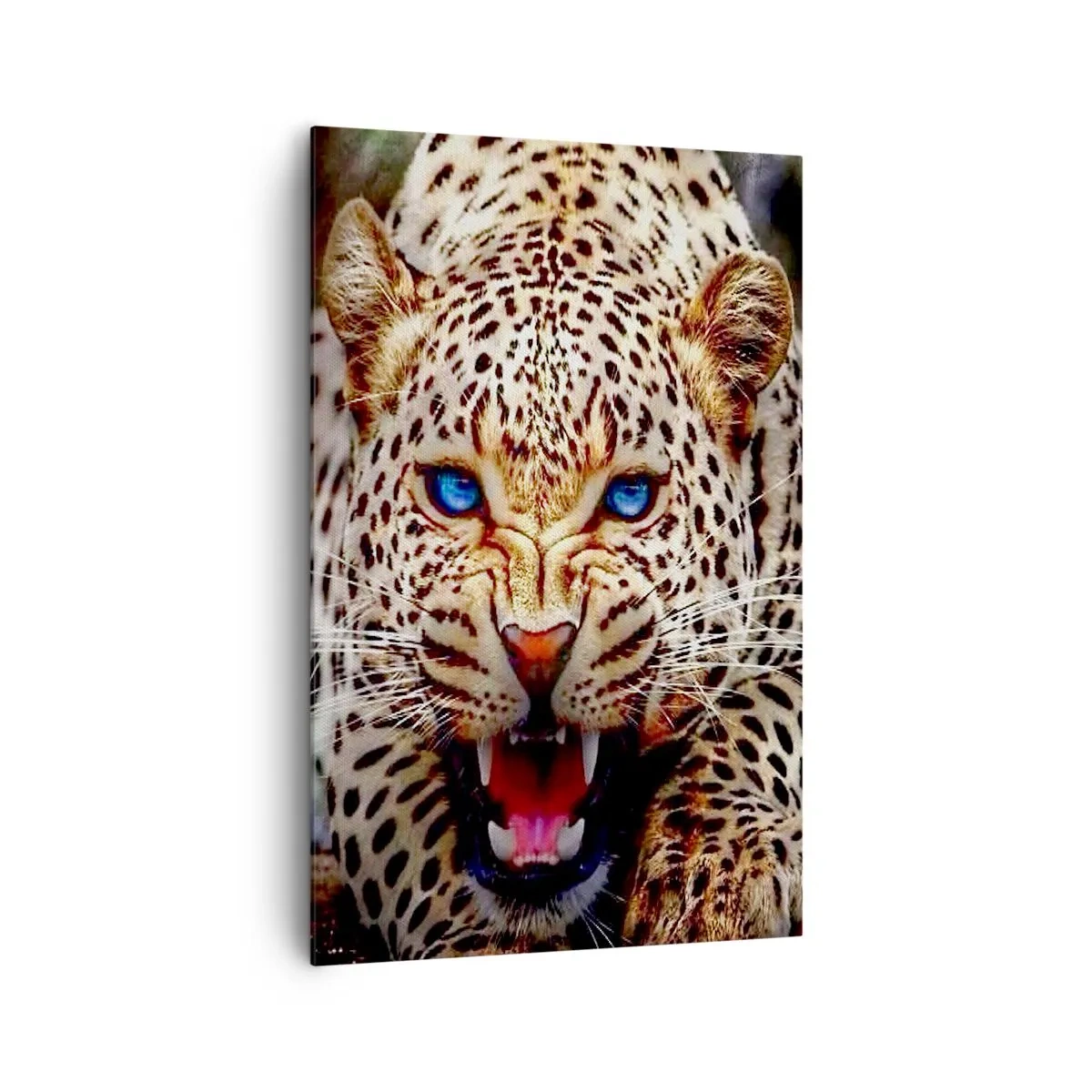 Bild auf Leinwand - Leinwandbild - Ein bedrohlicher Leopard mit intensiv blauen Augen - 80x120cm - Schönheitswut tut nicht weh - Moderne Wanddekoration für Wohnzimmer und Schlafzimmer ARTTOR