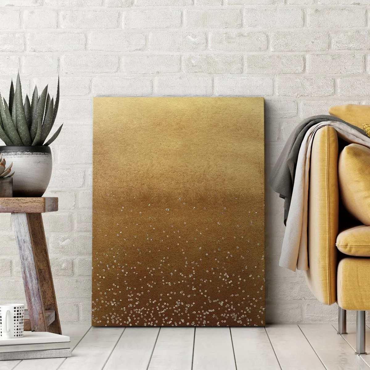 Bild auf Leinwand - Leinwandbild - Ein goldener Farbverlauf mit dezentem Schimmer und Verzierung - 80x120cm - Die Geburt des Lichts - Moderne Wanddekoration für Wohnzimmer und Schlafzimmer ARTTOR