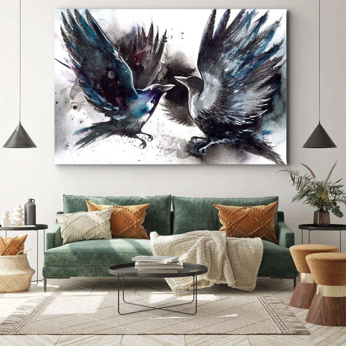 Bild auf Leinwand - Leinwandbild - Künstlerische Raben in einer dynamischen Aquarellkomposition - 70x50cm - Rabe zum Raben ... - Moderne Wanddekoration für Wohnzimmer und Schlafzimmer ARTTOR