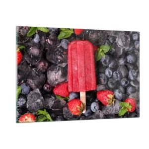 Glasbild - Bild auf glas - Ein Eisstiel zwischen gefrorenen Früchten und Minzblättern - 120x80cm - So schmeckt der heiße Sommer - Moderne Wanddekoration für Wohnzimmer und Schlafzimmer ARTTOR