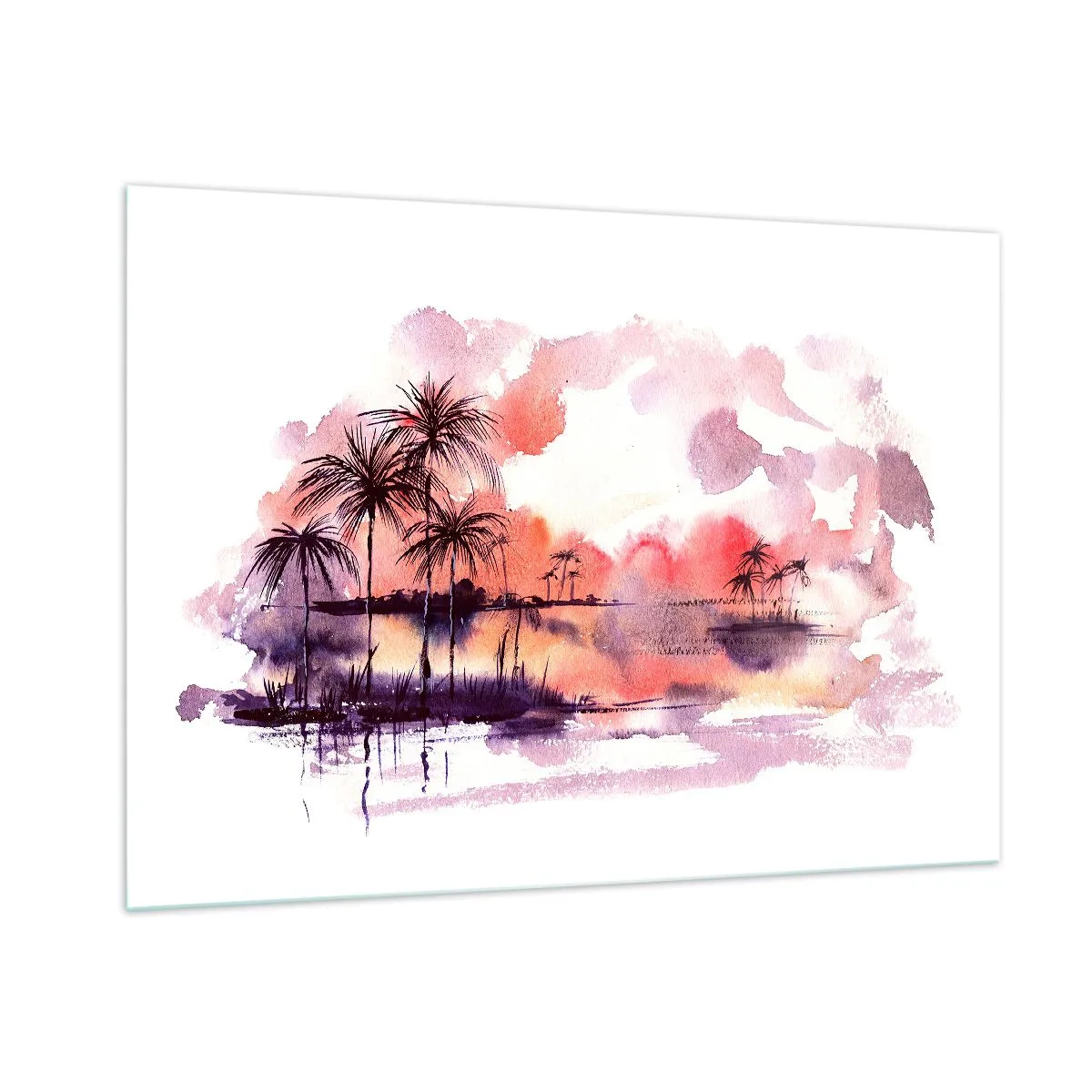 Glasbild - Bild auf glas - Tropische Landschaft bei Sonnenuntergang in Aquarell - 100x70cm - Die Ruhe der Tropen in Rot - Moderne Wanddekoration für Wohnzimmer und Schlafzimmer ARTTOR