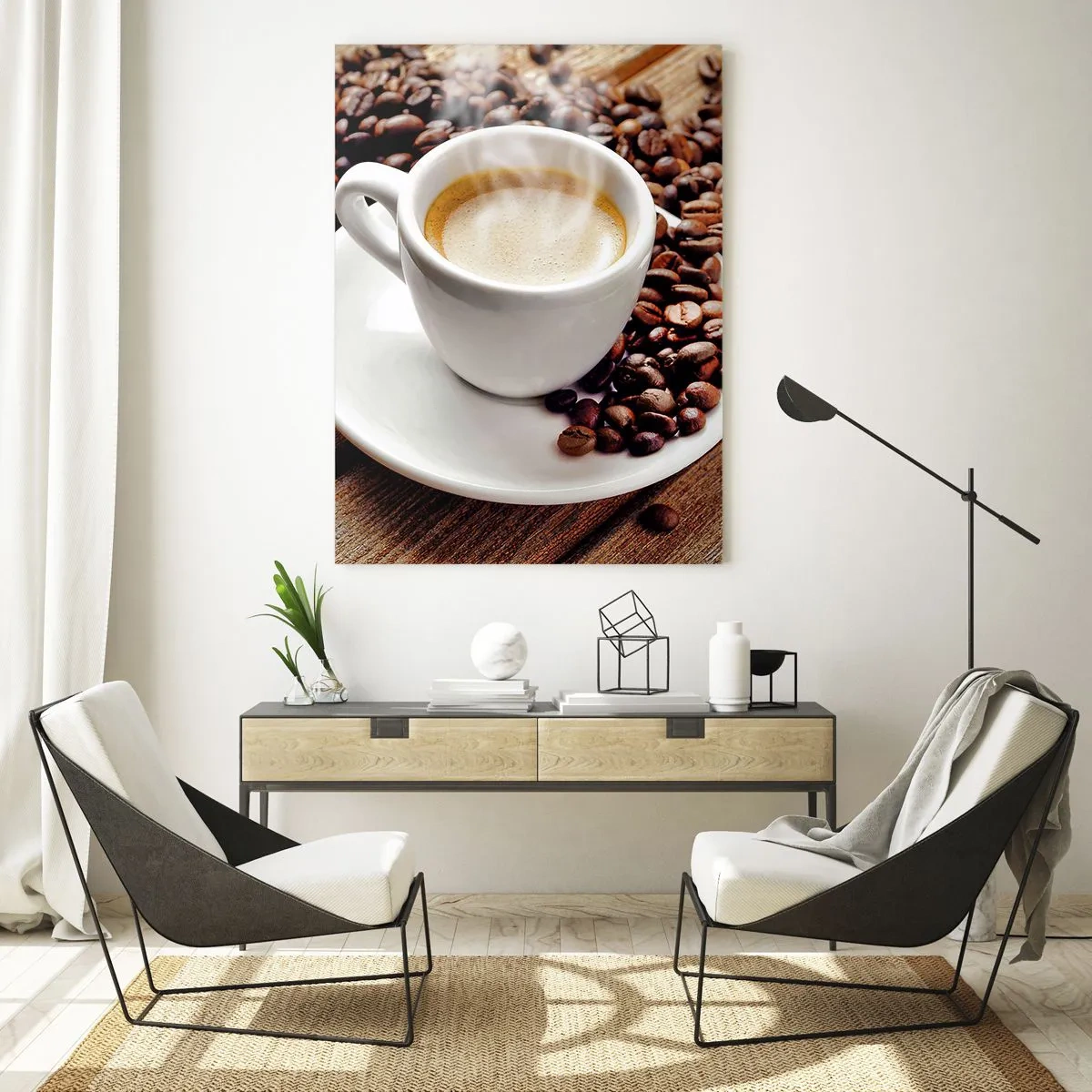 Glasbild - Bild auf glas - Eine Tasse Kaffee, umgeben von Bohnen auf einem Holztisch - 50x70cm - Kaffee auf der Bank - Moderne Wanddekoration für Wohnzimmer und Schlafzimmer ARTTOR