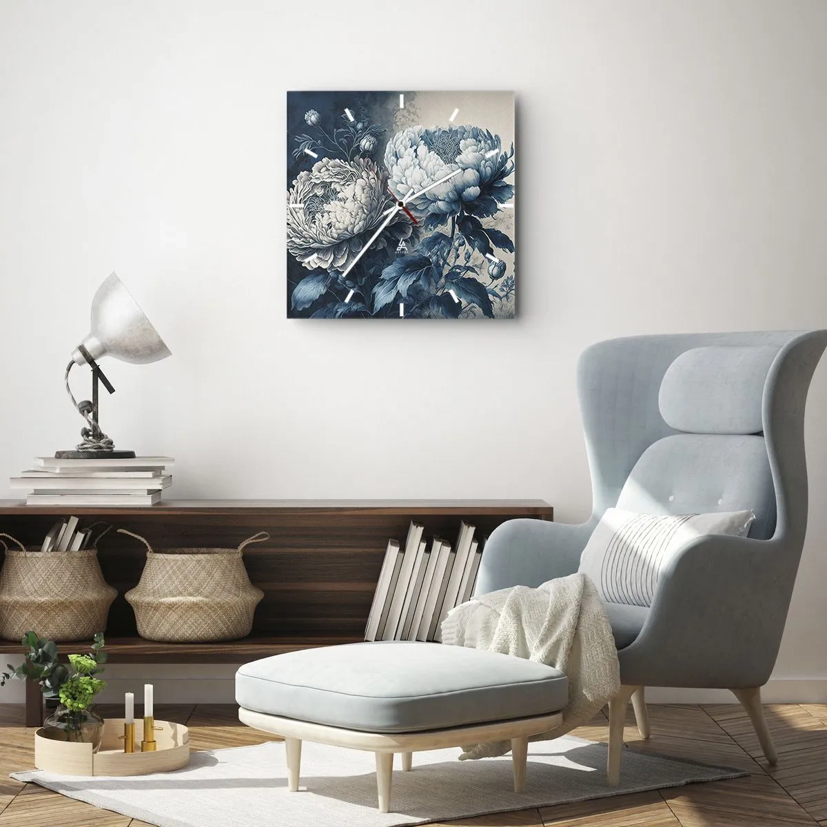 Wanduhr - Glasuhr - Blaue Pfingstrosen auf dezentem Untergrund mit zartem Muster - 30x30cm - Passendes Paar - Moderne Wanddekoration für Wohnzimmer und Schlafzimmer ARTTOR