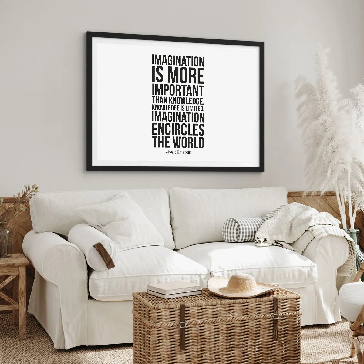 Poster in einem schwarzem Rahmen - Inspirierendes Zitat auf weißem Hintergrund in schwarzer Schrift - 70x50cm - Einstein über die Kraft der Vorstellungskraft - Moderne Wanddekoration für Wohnzimmer und Schlafzimmer ARTTOR