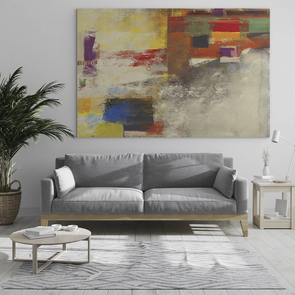 Glasbild - Bild auf glas - Bunte Abstraktion mit geometrischen Formen - 70x50cm - Geometrie der Farben - Moderne Wanddekoration für Wohnzimmer und Schlafzimmer ARTTOR