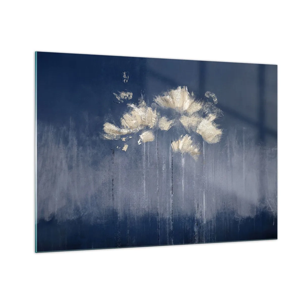 Glasbild - Bild auf glas - Goldenes abstraktes Blumenarrangement auf marineblauem Hintergrund - 100x70cm - Wie Blütenblätter im Wind - Moderne Wanddekoration für Wohnzimmer und Schlafzimmer ARTTOR