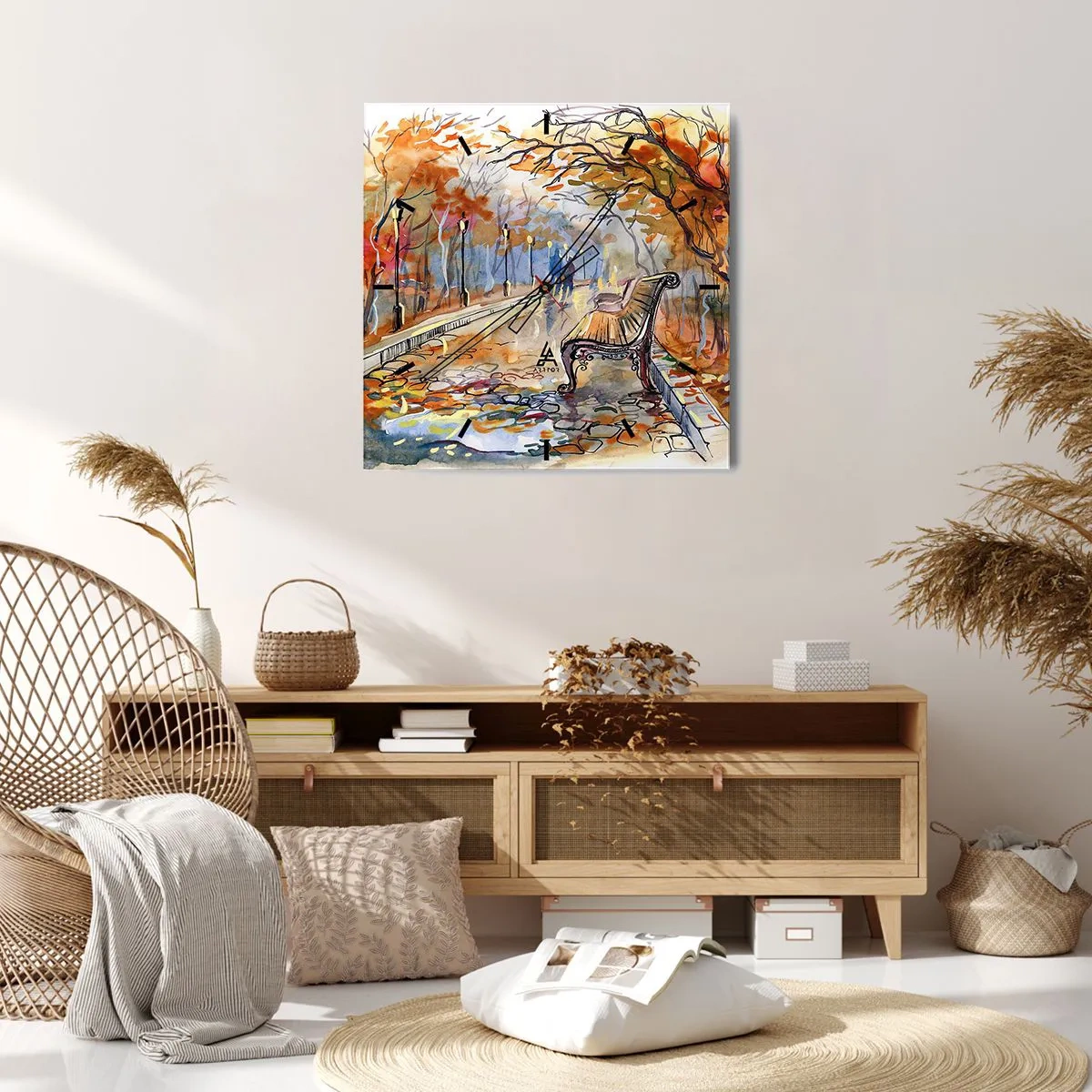 Wanduhr - Glasuhr - Ein herbstlicher Park mit einer Bank in Aquarell - 30x30cm - Gemeinsam im Herbst wandern - Moderne Wanddekoration für Wohnzimmer und Schlafzimmer ARTTOR