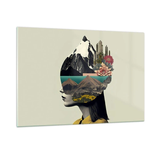 Glasbild - Bild auf glas - Silhouette einer Frau mit einer Berglandschaft und Flora im Kopf - 120x80cm - Frau – bleibt immer ein Geheimnis - Moderne Wanddekoration für Wohnzimmer und Schlafzimmer ARTTOR