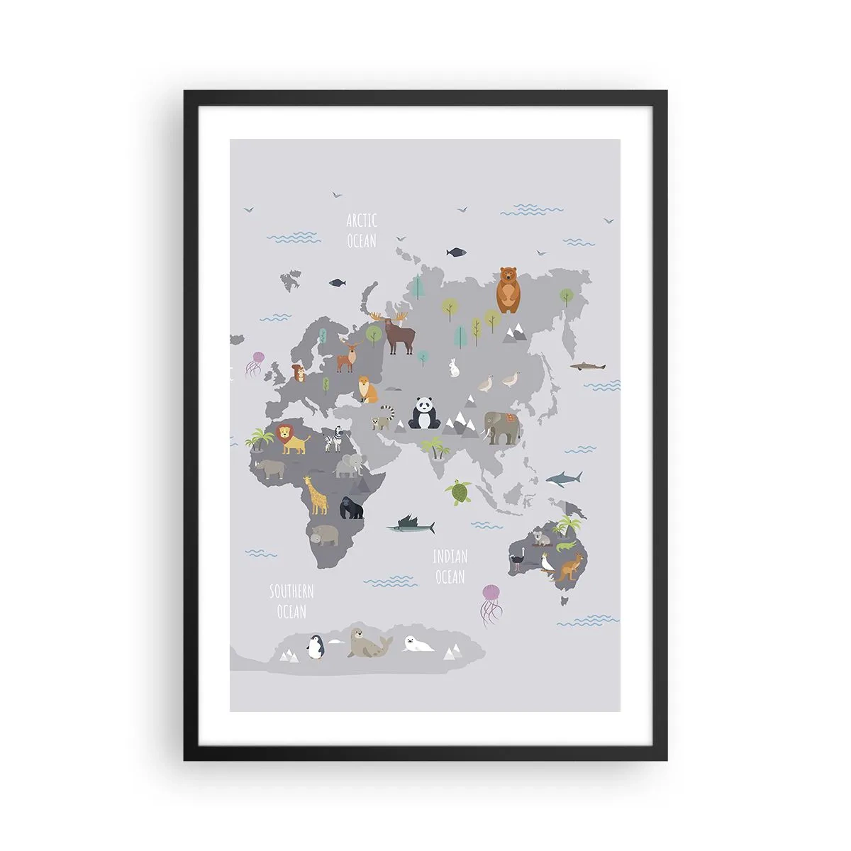 Poster in einem schwarzem Rahmen - Weltkarte mit bunten Tieren für Kinder - 50x70cm - Sag mir wo du herkommst ... - Moderne Wanddekoration für Wohnzimmer und Schlafzimmer ARTTOR