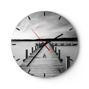 Wanduhr - Glasuhr - Ein Holzsteg, der in die Tiefen eines ruhigen Sees führt - 30x30cm - An der Wasserstelle - Ruhe - Moderne Wanddekoration für Wohnzimmer, Küche und Schlafzimmer ARTTOR