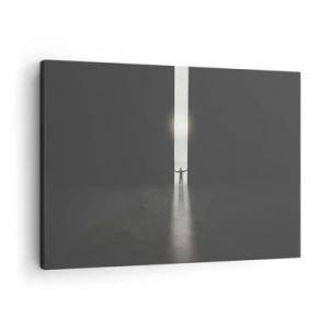 Bild auf Leinwand - Leinwandbild - Ein Mann steht im Licht eines schmalen Schlitzes in einem dunklen Raum - 70x50cm - Ein Schritt in eine strahlende Zukunft - Moderne Wanddekoration für Wohnzimmer und Schlafzimmer ARTTOR