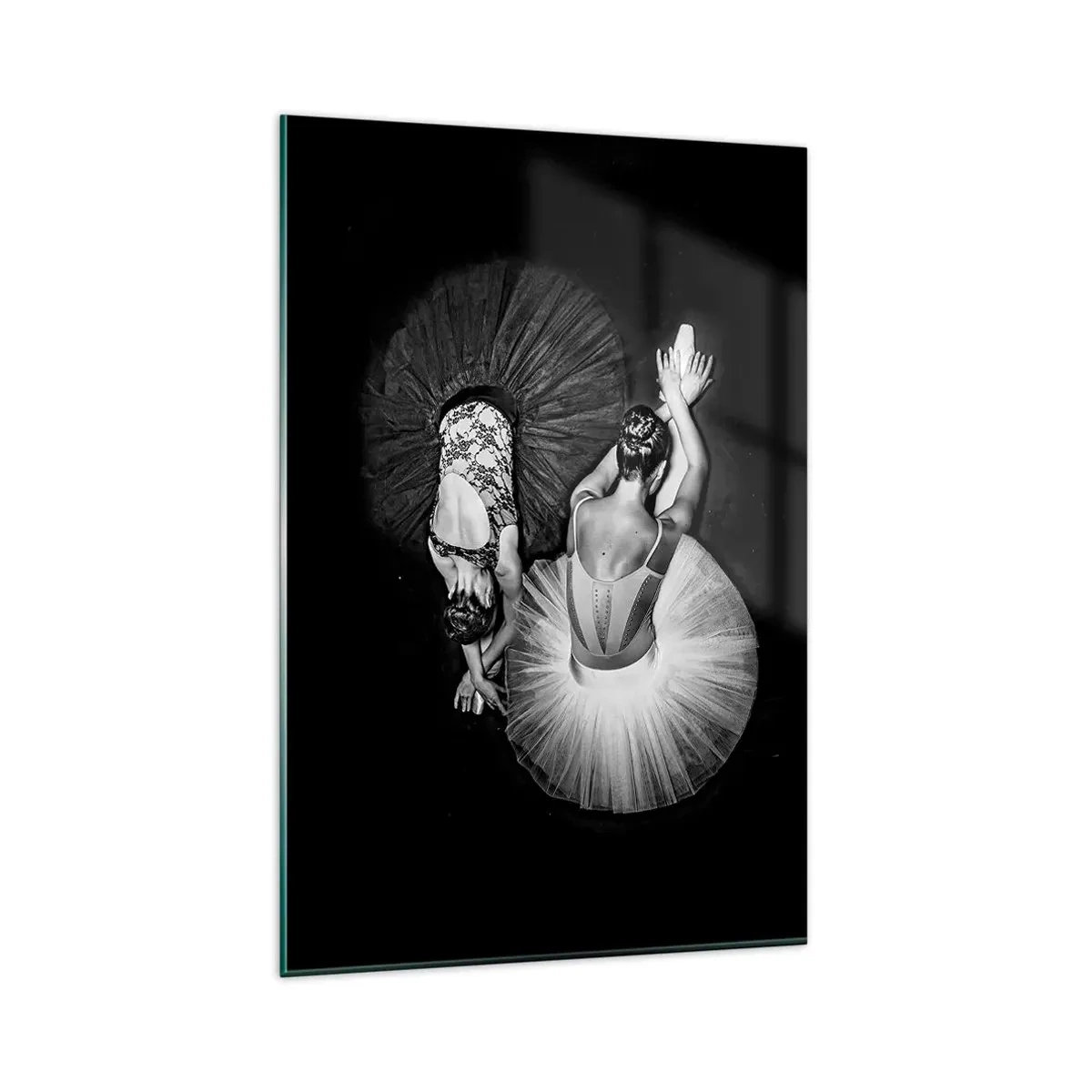 Glasbild - Bild auf glas - Ein Schwarzweißbild von zwei Ballerinas in einer dynamischen Pose. - 80x120cm - Jin und Jang – perfekte Balance - Moderne Wanddekoration für Wohnzimmer und Schlafzimmer ARTTOR