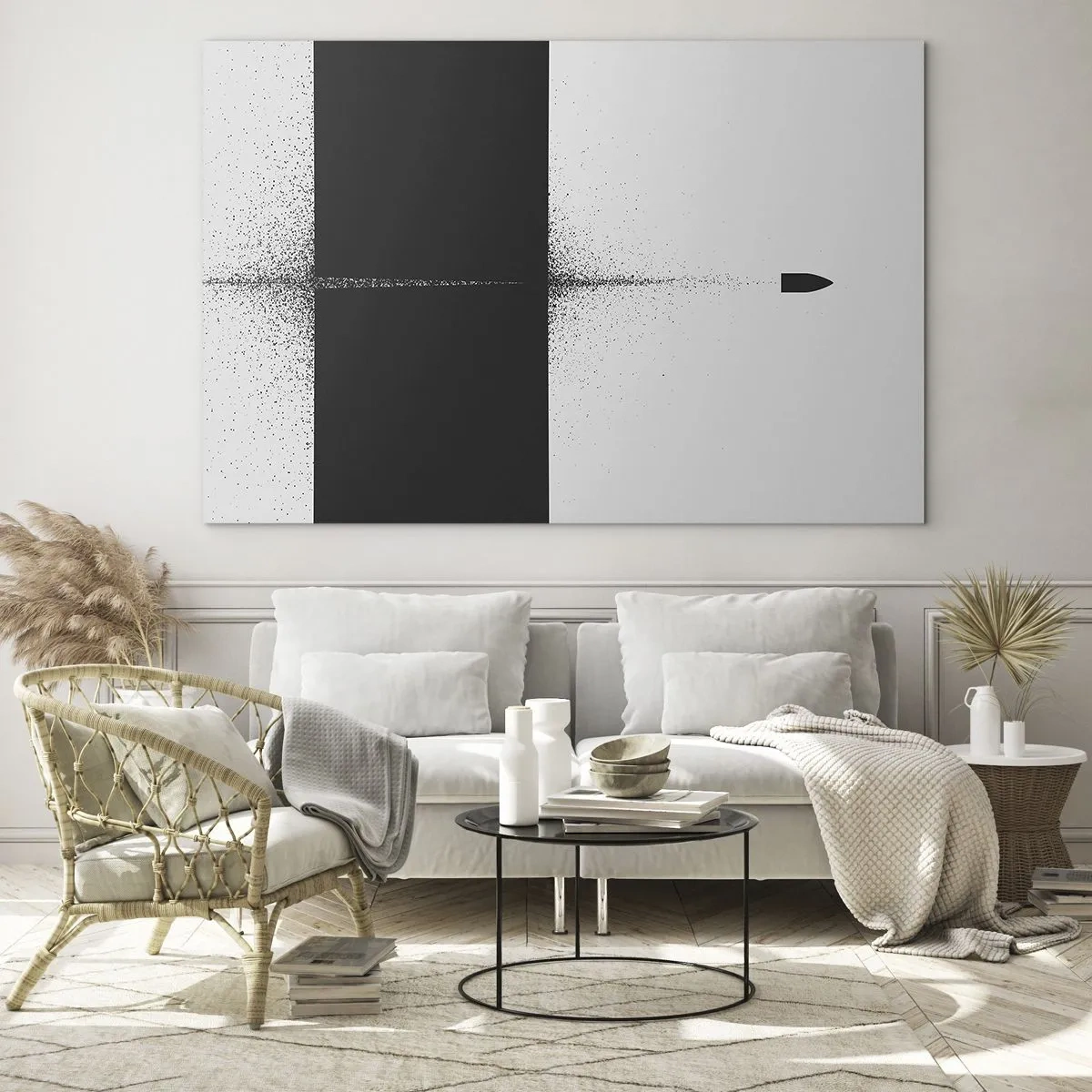 Glasbild - Bild auf glas - Eine abstrakte Komposition aus Schwarz und Weiß mit einer dynamischen Linie - 70x50cm - Direkt zum Ziel - Moderne Wanddekoration für Wohnzimmer und Schlafzimmer ARTTOR