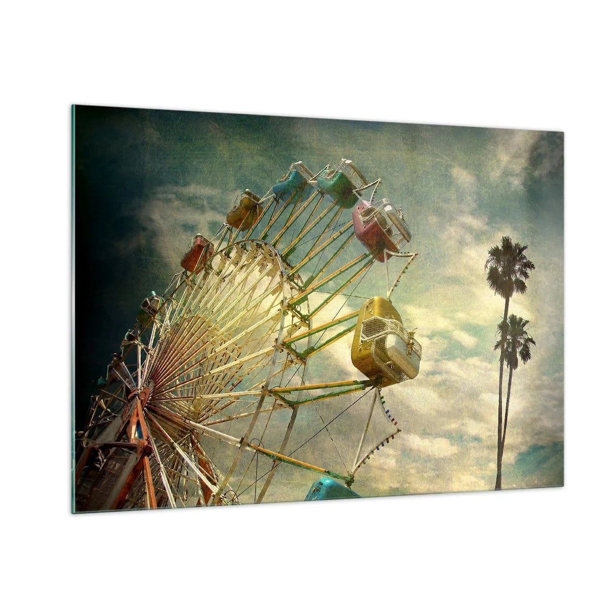 Glasbild - Bild auf glas - Ein Riesenrad vor dem Himmel und Palmen im Retro-Stil - 100x70cm - Es wird Spaß geben ... - Moderne Wanddekoration für Wohnzimmer und Schlafzimmer ARTTOR