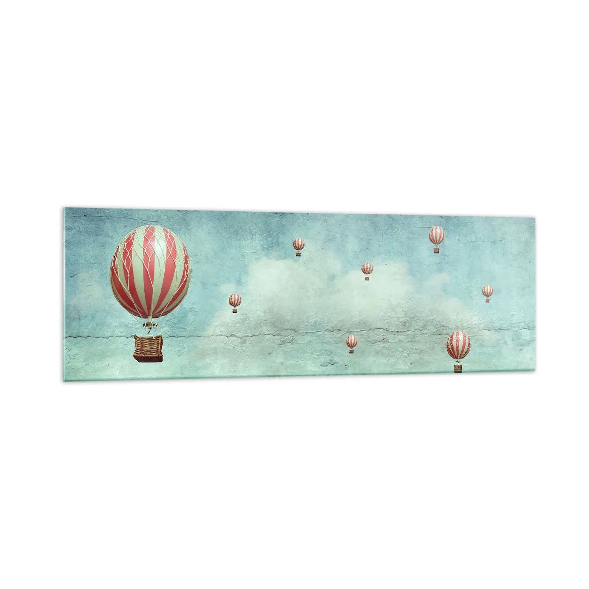 Glasbild - Bild auf glas - Retro-Ballons vor blauem Himmel und grünem Hintergrund - 160x50cm - Frei von der Hektik des Lebens - Moderne Wanddekoration für Wohnzimmer und Schlafzimmer ARTTOR