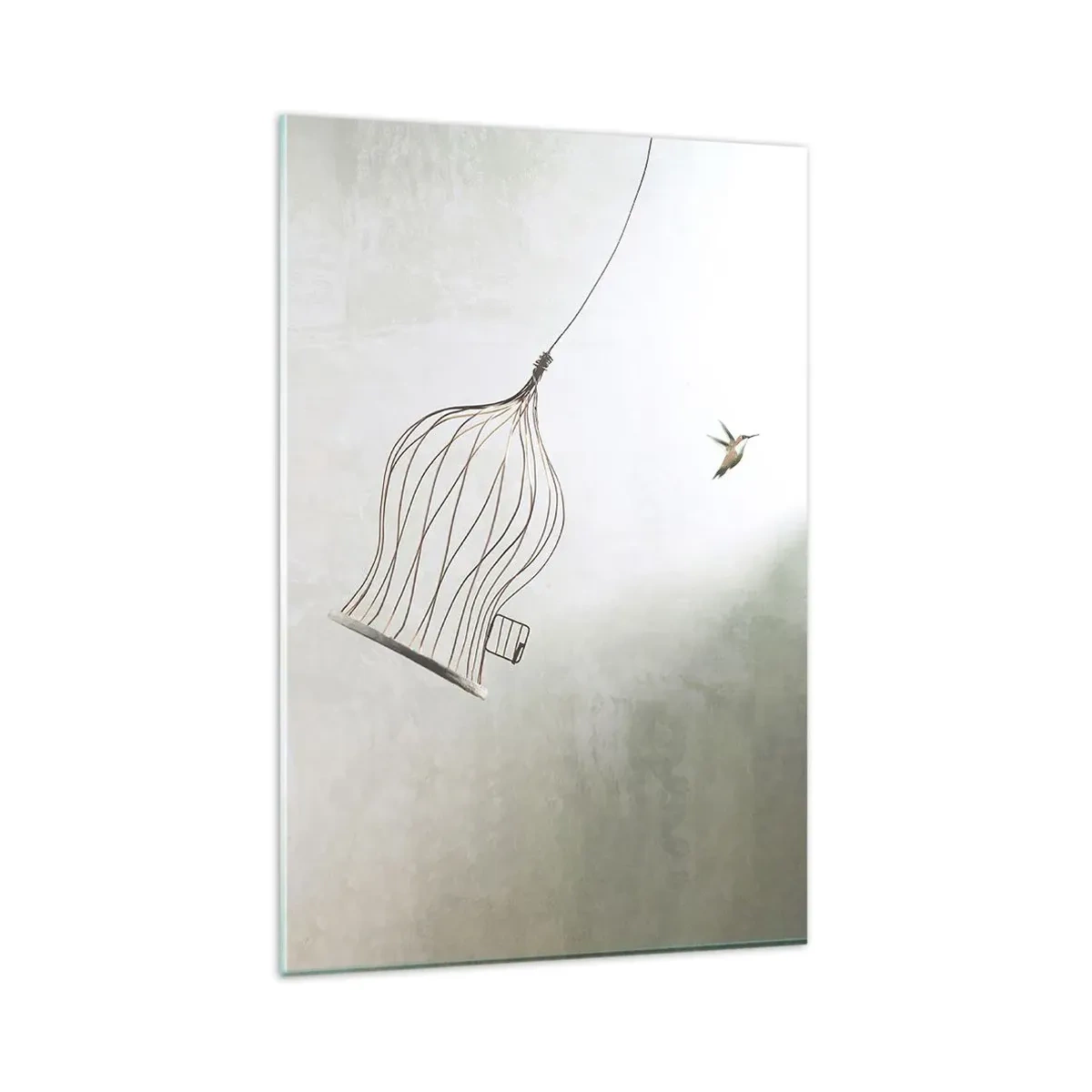 Glasbild - Bild auf glas - Ein aus einem Käfig befreiter Vogel vor dem Hintergrund eines hellen Himmels - 80x120cm - In seinem Element - Moderne Wanddekoration für Wohnzimmer und Schlafzimmer ARTTOR