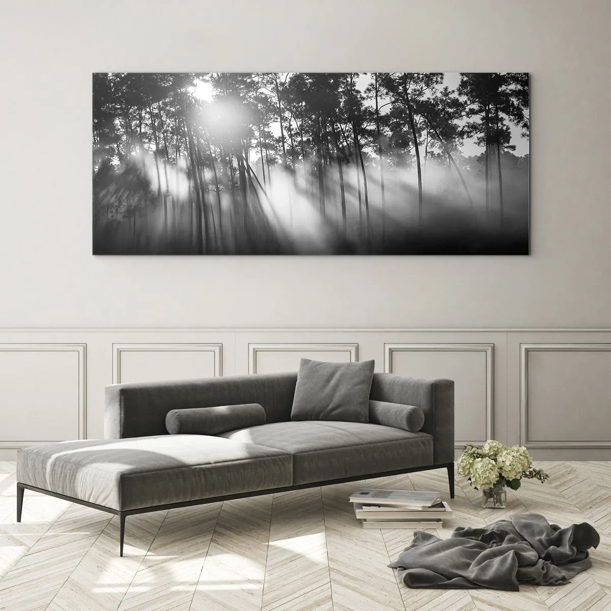 Glasbild - Bild auf glas - Schwarz-weißer Wald im Morgennebel - 160x50cm - Unaufhaltsame Sonne - Moderne Wanddekoration für Wohnzimmer und Schlafzimmer ARTTOR