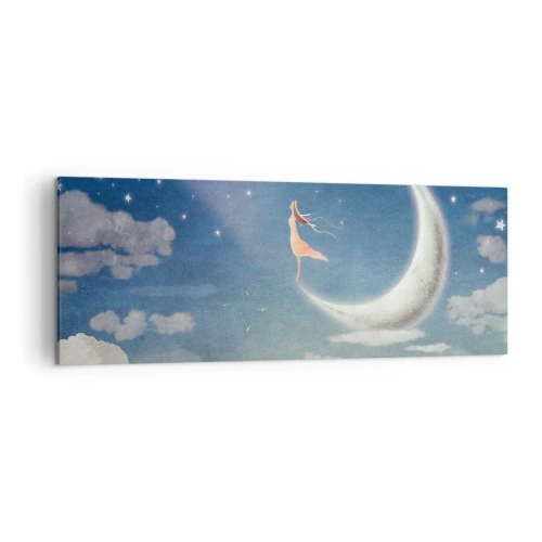 Bild auf Leinwand - Leinwandbild - Eine Frau im Mond, umgeben von Sternen und Wolken - 140x50cm - Blauer Freier - Moderne Wanddekoration für Wohnzimmer und Schlafzimmer ARTTOR